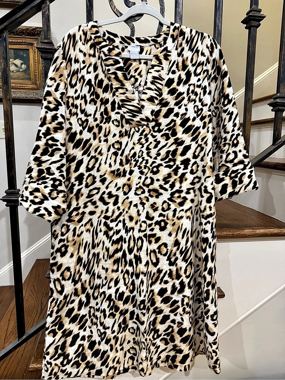 Chico's Leopard Print Linen Shirt Dress Knee Length Dress Brown & Black Medium